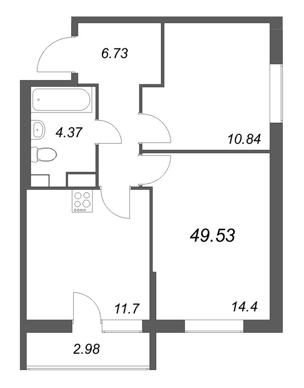 2-комнатная квартира, 49.53 м² в ЖК "Кинопарк" - планировка, фото №1