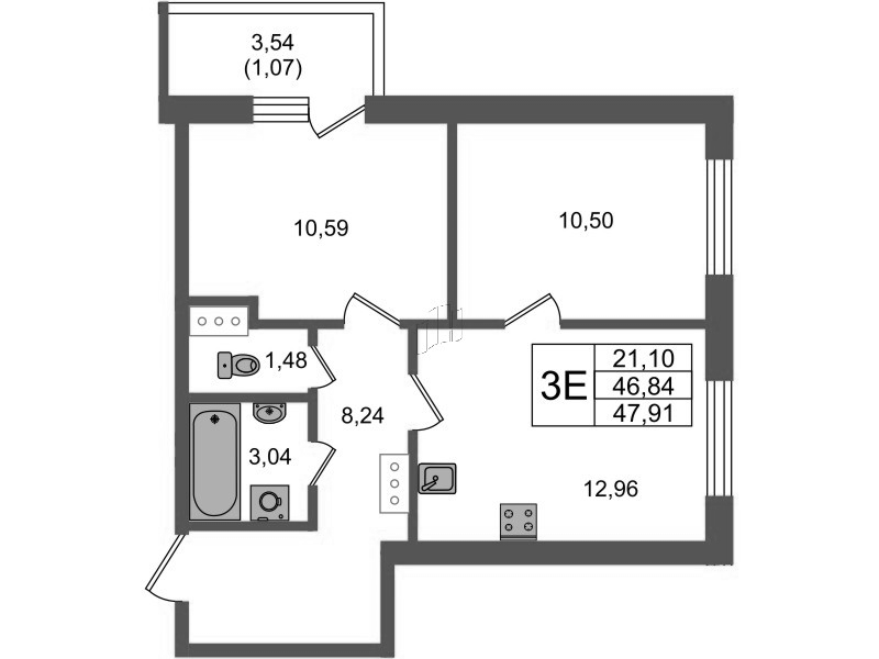 2-комнатная квартира, 47.95 м² в ЖК "Аквилон Янино" - планировка, фото №1