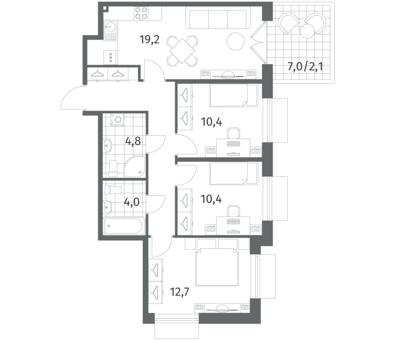 4-комнатная (Евро) квартира, 74.5 м² в ЖК "Парусная 1" - планировка, фото №1