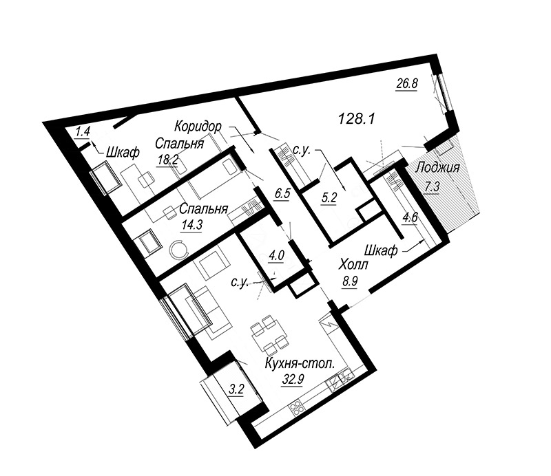 4-комнатная (Евро) квартира, 123.92 м² - планировка, фото №1