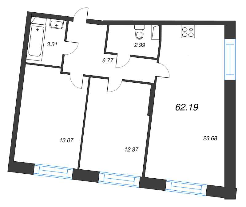 3-комнатная (Евро) квартира, 62.19 м² в ЖК "Остров Первых" - планировка, фото №1