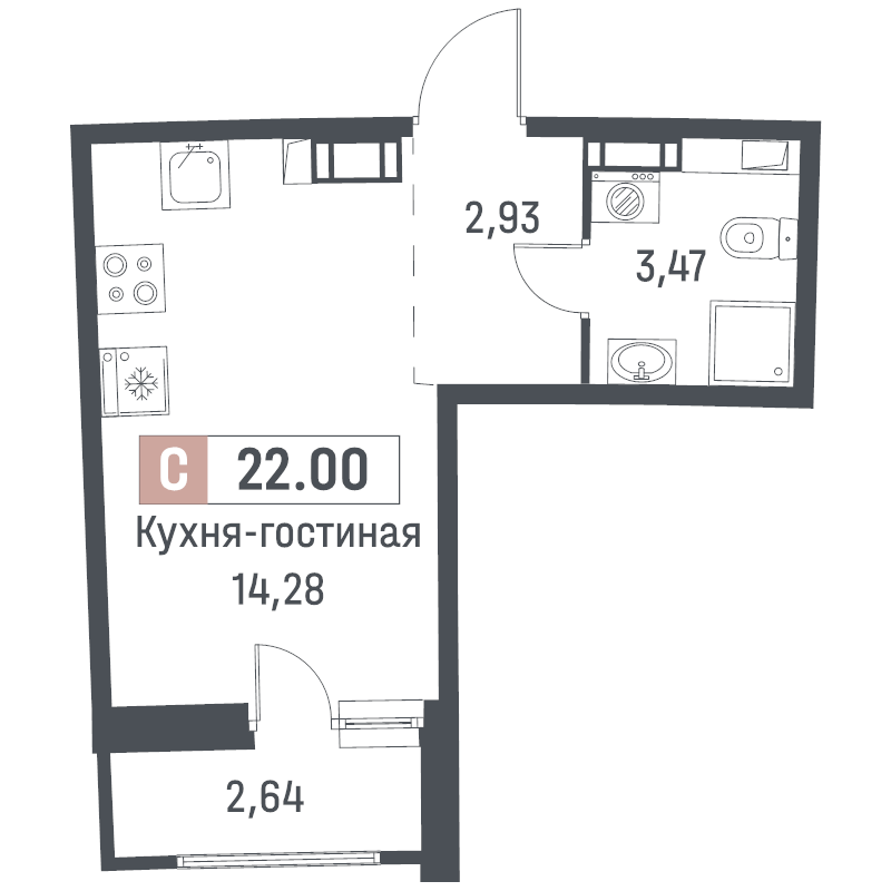 Квартира-студия, 22 м² в ЖК "Авиатор" - планировка, фото №1