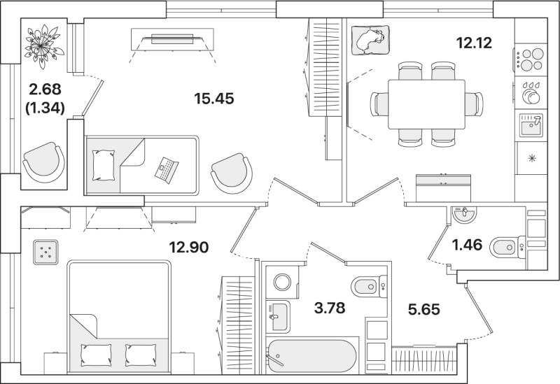2-комнатная квартира, 52.7 м² - планировка, фото №1