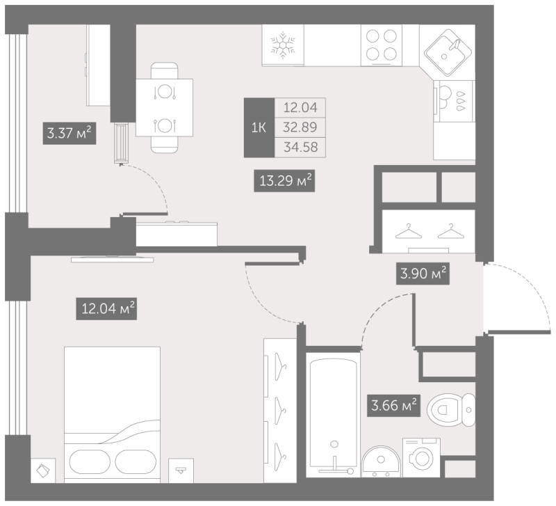 1-комнатная квартира, 34.58 м² в ЖК "UP-квартал Новый Московский" - планировка, фото №1