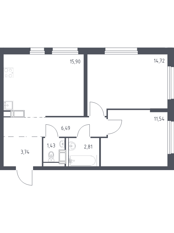 3-комнатная (Евро) квартира, 56.63 м² в ЖК "Квартал Торики" - планировка, фото №1
