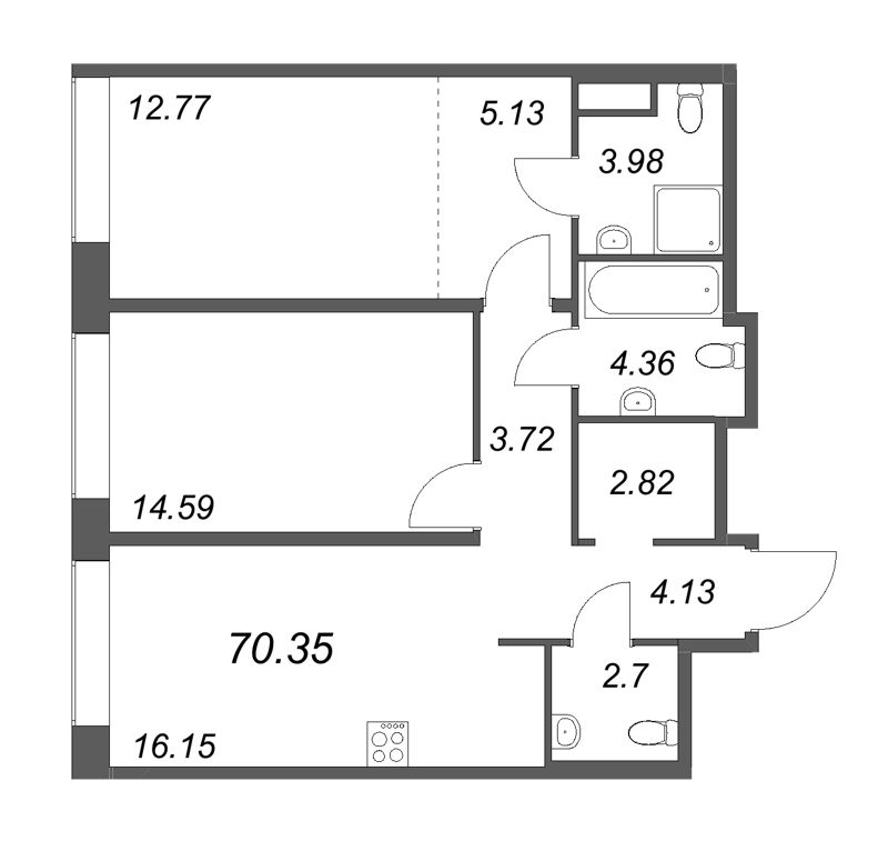 3-комнатная (Евро) квартира, 70.35 м² - планировка, фото №1