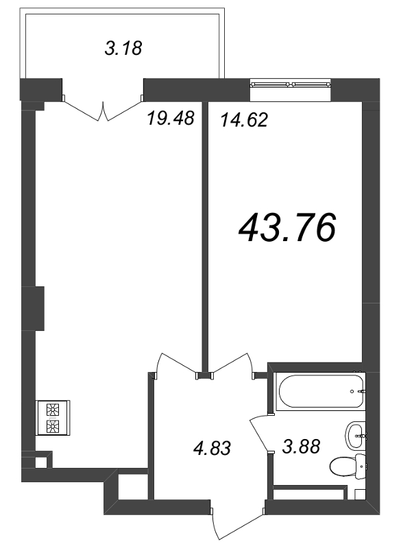 2-комнатная (Евро) квартира, 44.3 м² в ЖК "Neva Residence" - планировка, фото №1