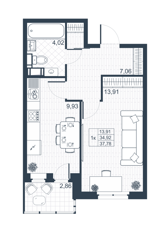 1-комнатная квартира, 36.35 м² в ЖК "Ново-Антропшино" - планировка, фото №1