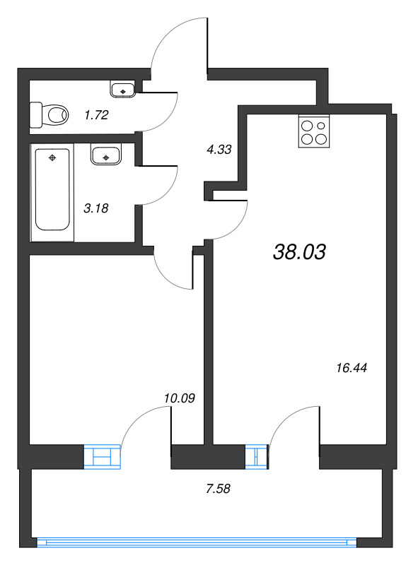 2-комнатная (Евро) квартира, 38.03 м² - планировка, фото №1