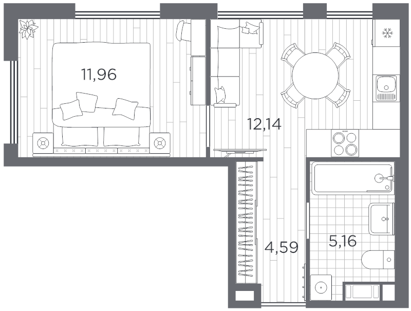1-комнатная квартира, 33.85 м² в ЖК "PLUS Пулковский" - планировка, фото №1