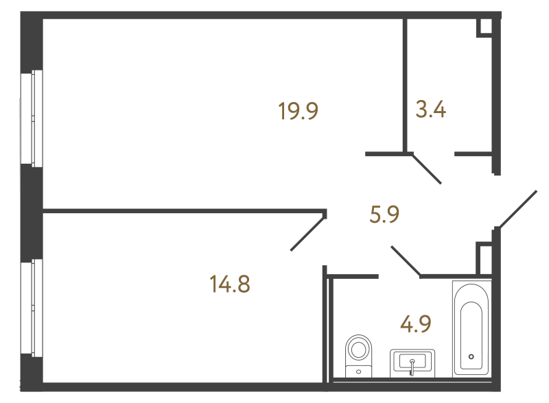 2-комнатная (Евро) квартира, 48.9 м² в ЖК "Репин" - планировка, фото №1