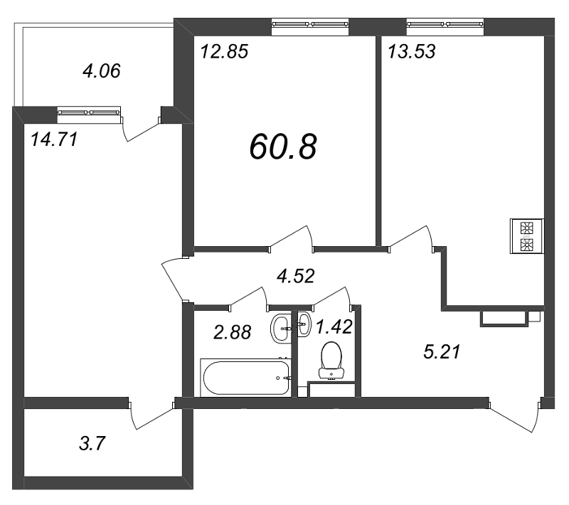 2-комнатная квартира, 62.88 м² - планировка, фото №1