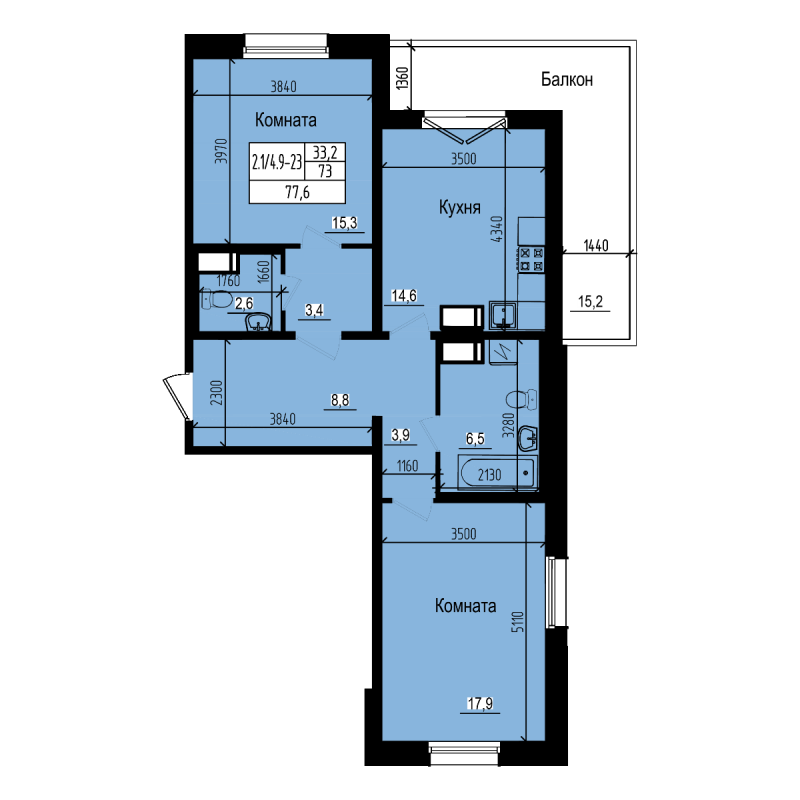 2-комнатная квартира, 77.6 м² в ЖК "ПРАГМА city" - планировка, фото №1