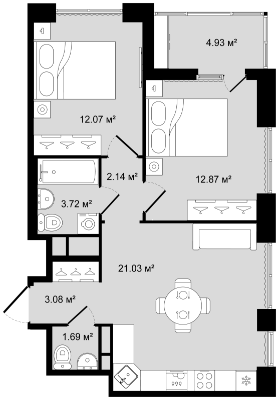 3-комнатная (Евро) квартира, 59.07 м² в ЖК "Новгородская 8" - планировка, фото №1