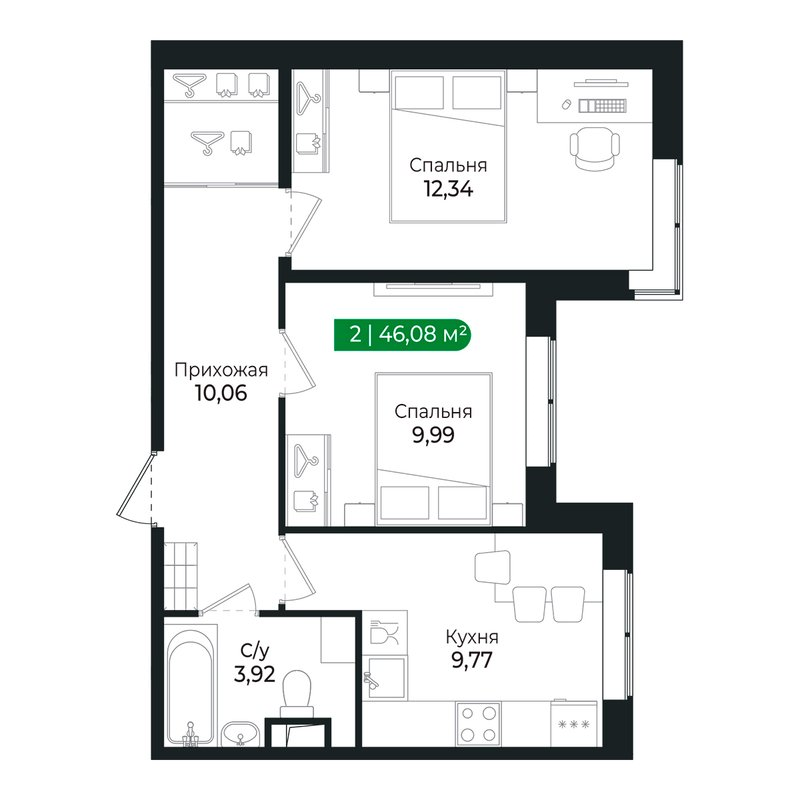 2-комнатная квартира, 46.2 м² в ЖК "Сертолово Парк" - планировка, фото №1