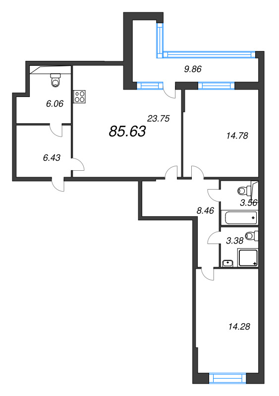 3-комнатная (Евро) квартира, 85.63 м² в ЖК "Аквилон Leaves" - планировка, фото №1