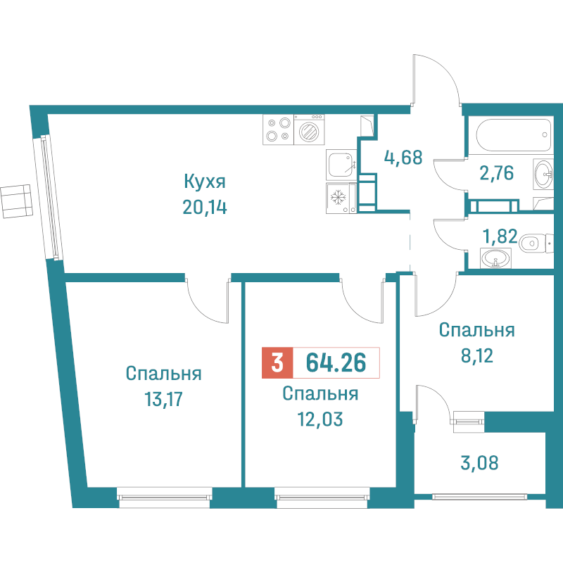 4-комнатная (Евро) квартира, 64.26 м² в ЖК "Графика" - планировка, фото №1