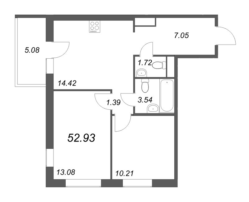 2-комнатная квартира, 53.03 м² - планировка, фото №1