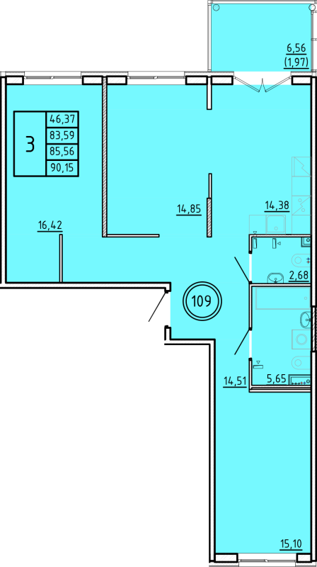 3-комнатная квартира, 83.59 м² - планировка, фото №1