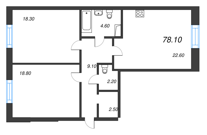 3-комнатная (Евро) квартира, 77.9 м² в ЖК "Neva Haus" - планировка, фото №1