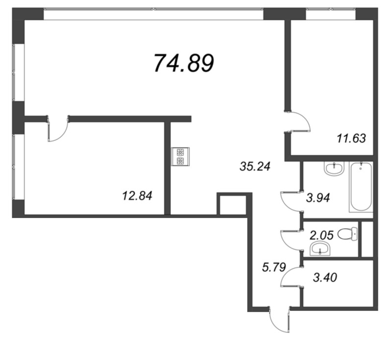 3-комнатная (Евро) квартира, 78.5 м² - планировка, фото №1