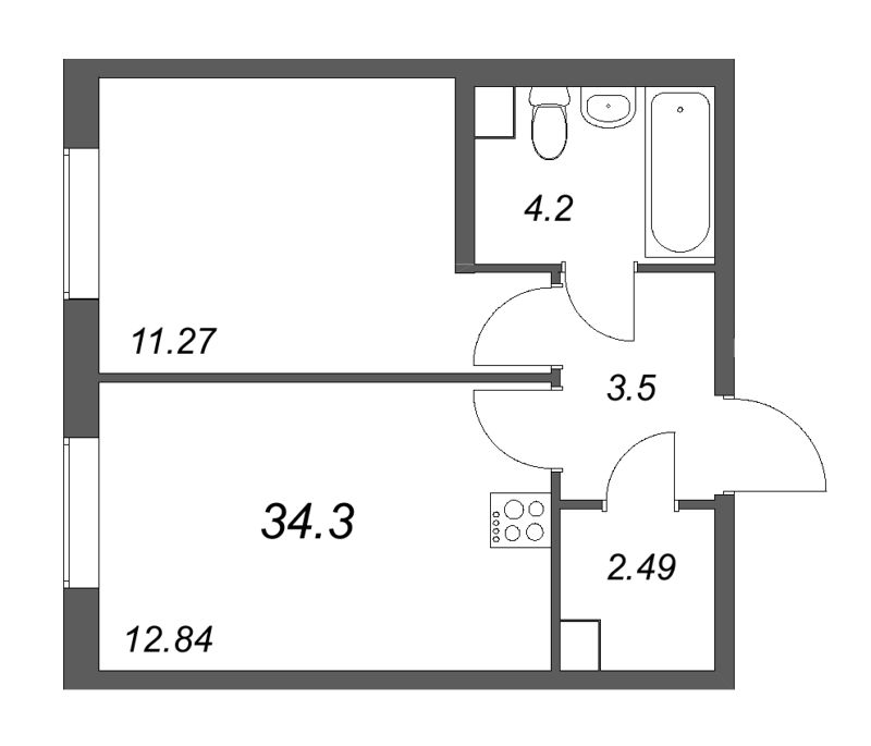1-комнатная квартира, 34.3 м² в ЖК "Кинопарк" - планировка, фото №1