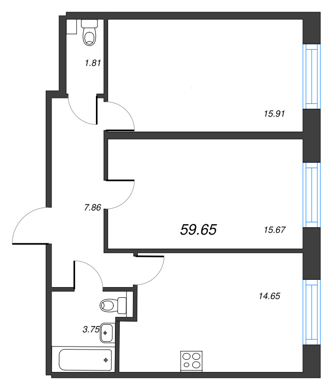 2-комнатная квартира, 59.65 м² - планировка, фото №1