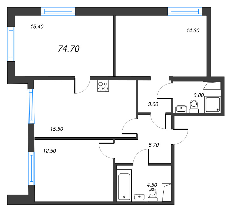 4-комнатная (Евро) квартира, 74.7 м² в ЖК "Парусная 1" - планировка, фото №1