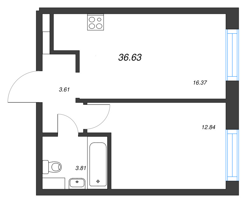 2-комнатная (Евро) квартира, 36.63 м² - планировка, фото №1