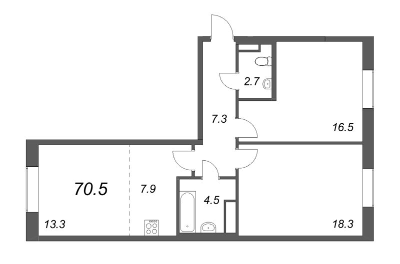 2-комнатная (Евро) квартира, 70.4 м² - планировка, фото №1