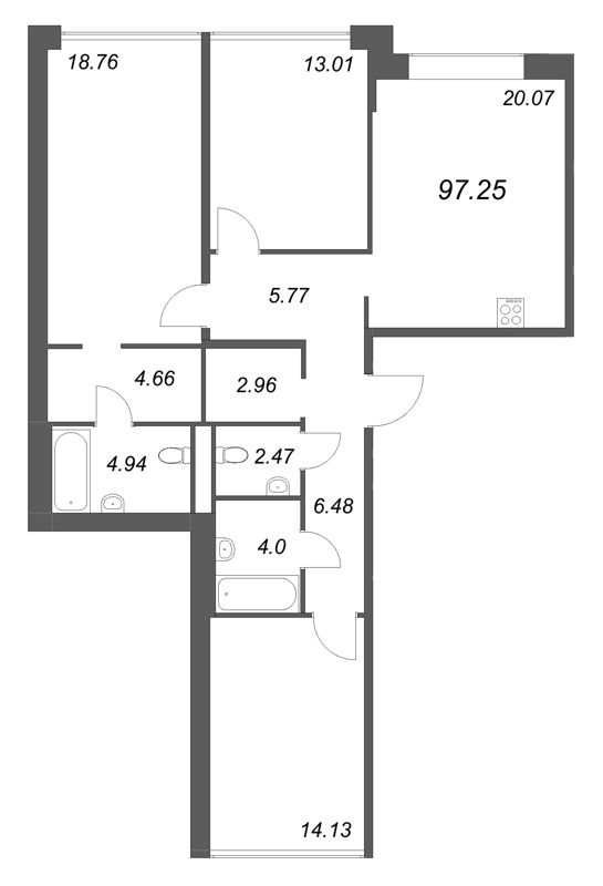 4-комнатная (Евро) квартира, 97.25 м² в ЖК "Avant" - планировка, фото №1