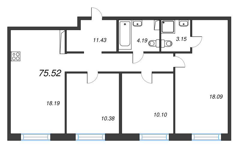 4-комнатная (Евро) квартира, 75.52 м² в ЖК "Арт Парк" - планировка, фото №1