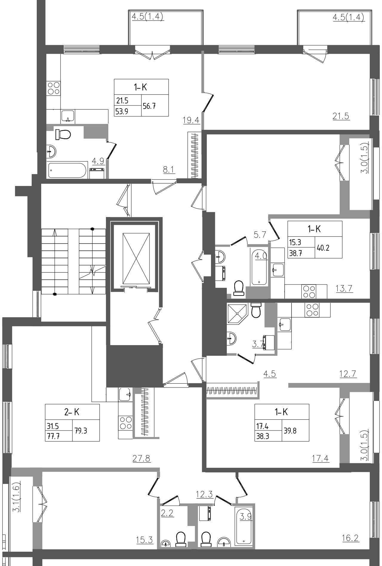 3-комнатная (Евро) квартира, 79.3 м² - планировка этажа
