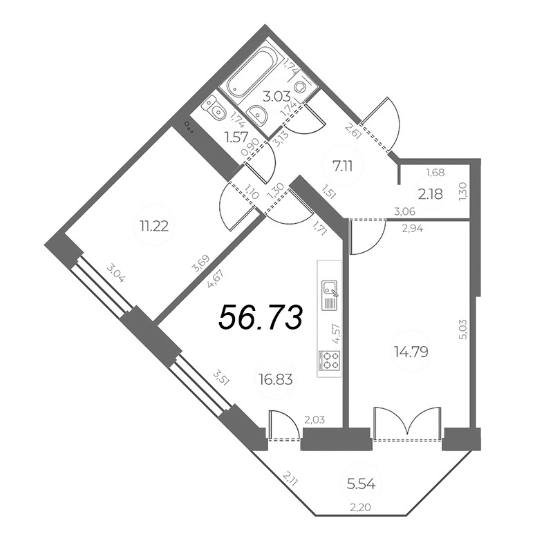 3-комнатная (Евро) квартира, 58.39 м² в ЖК "Огни Залива" - планировка, фото №1