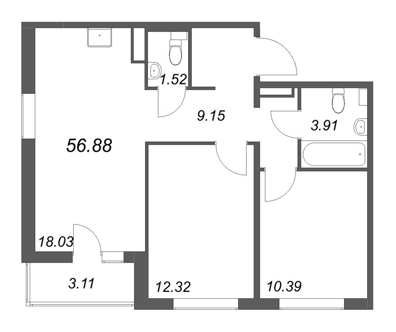 3-комнатная (Евро) квартира, 56.88 м² в ЖК "Расцветай в Янино" - планировка, фото №1