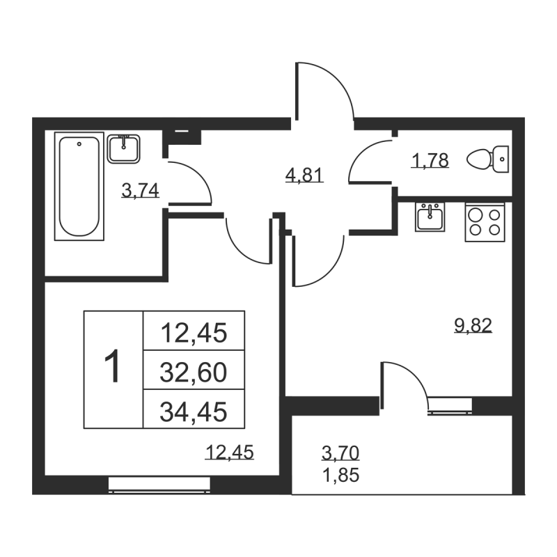 1-комнатная квартира, 34.45 м² в ЖК "Высота" - планировка, фото №1