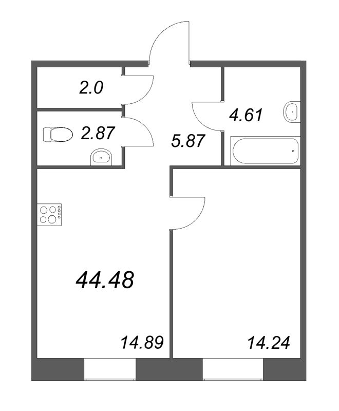 1-комнатная квартира, 44.48 м² - планировка, фото №1