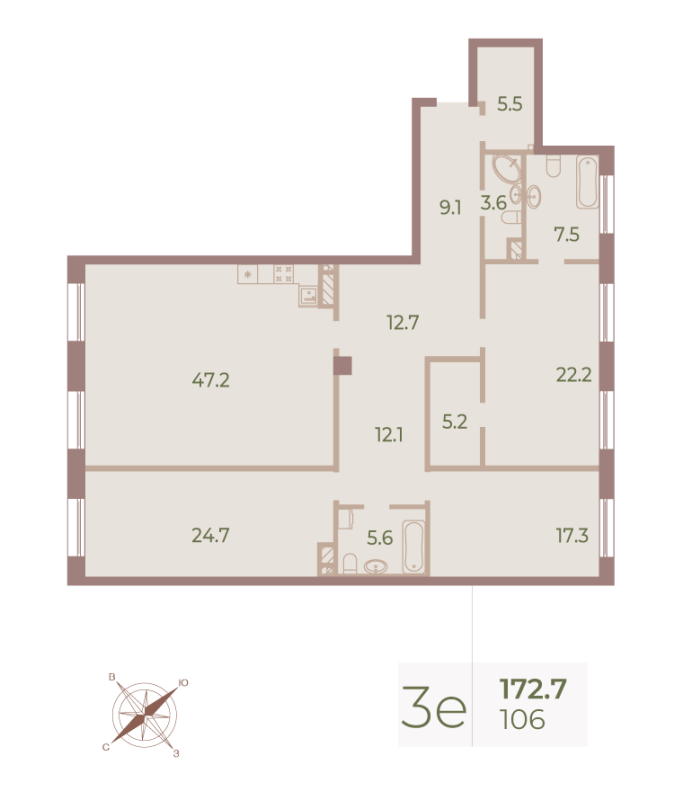 3-комнатная (Евро) квартира, 173 м² - планировка, фото №1