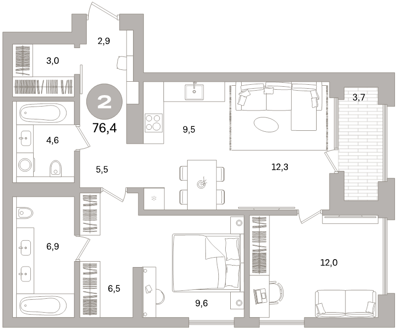 3-комнатная (Евро) квартира, 76.4 м² в ЖК "Северный ветер" - планировка, фото №1
