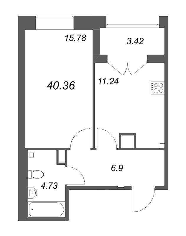 1-комнатная квартира, 40.36 м² - планировка, фото №1