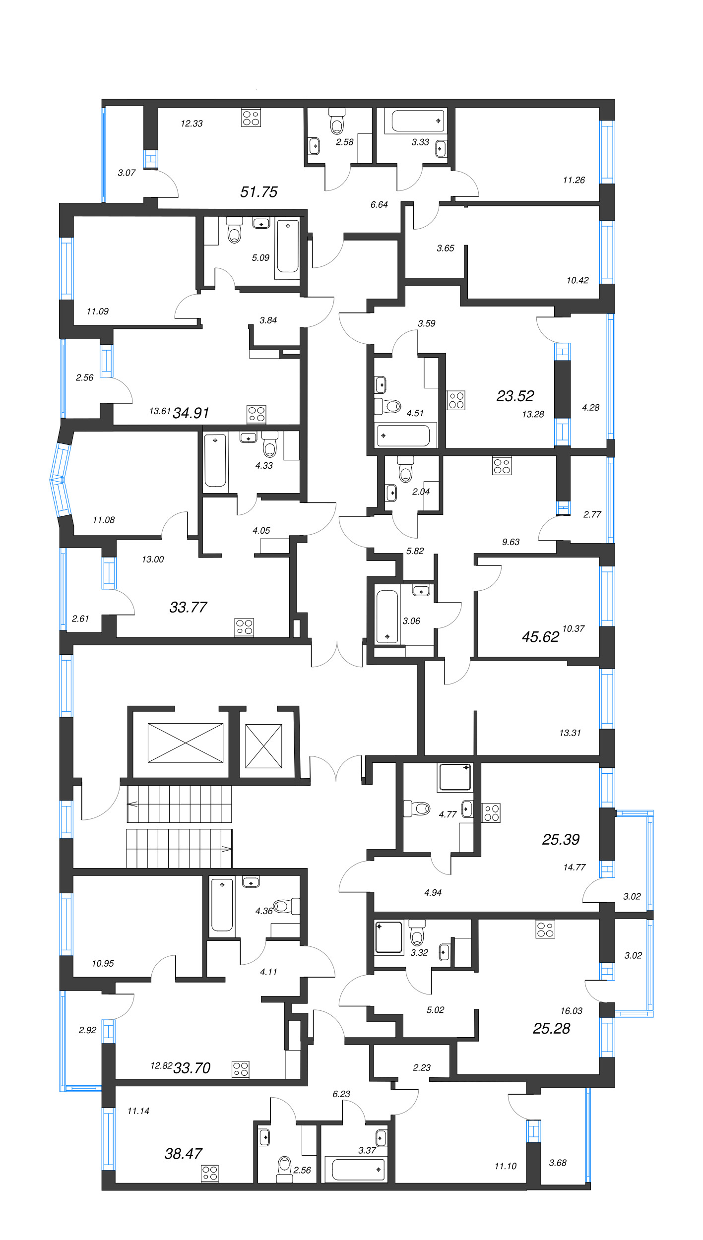 2-комнатная квартира, 45.62 м² - планировка этажа