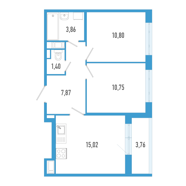 3-комнатная (Евро) квартира, 51.58 м² в ЖК "AEROCITY" - планировка, фото №1