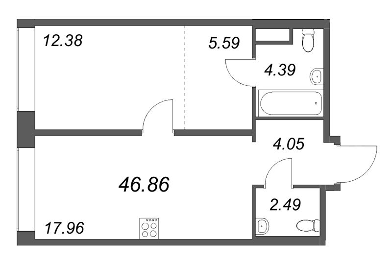 2-комнатная (Евро) квартира, 46.86 м² в ЖК "Avant" - планировка, фото №1
