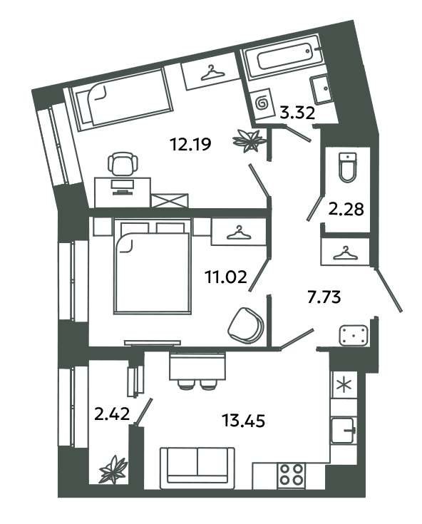 2-комнатная квартира, 51.2 м² в ЖК "Загляденье" - планировка, фото №1
