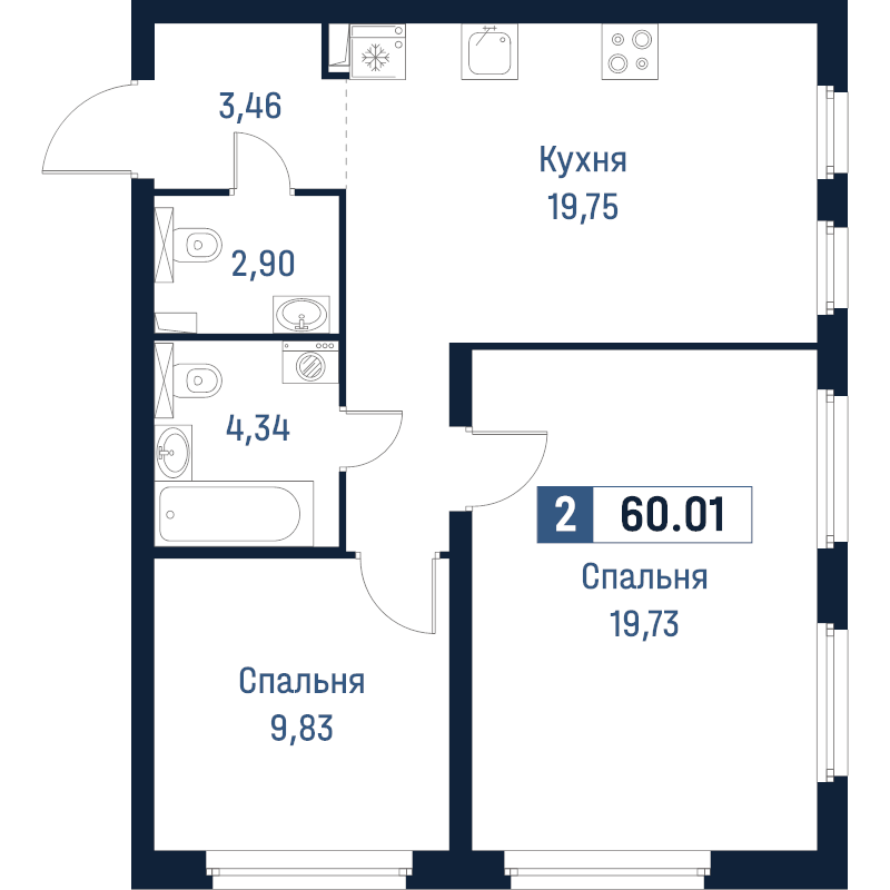 3-комнатная (Евро) квартира, 60.01 м² в ЖК "Максималист" - планировка, фото №1