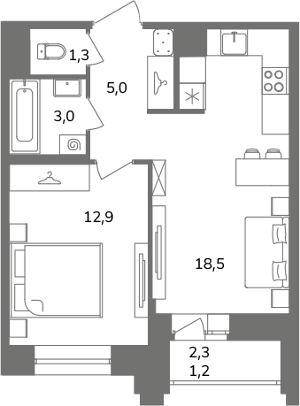 2-комнатная (Евро) квартира, 41.9 м² в ЖК "Антверпен" - планировка, фото №1