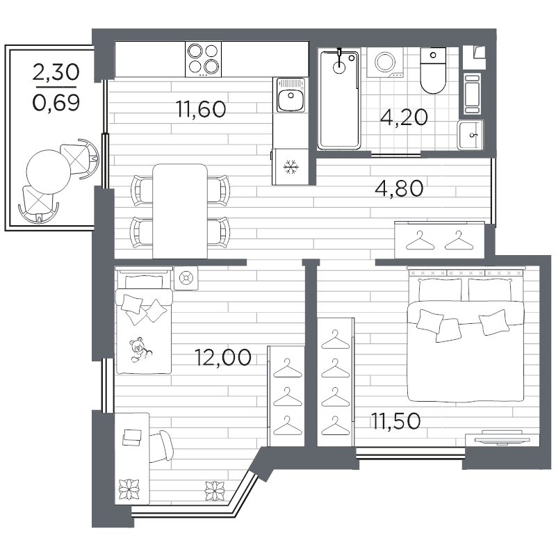 2-комнатная квартира, 44.79 м² в ЖК "PLUS Пулковский" - планировка, фото №1