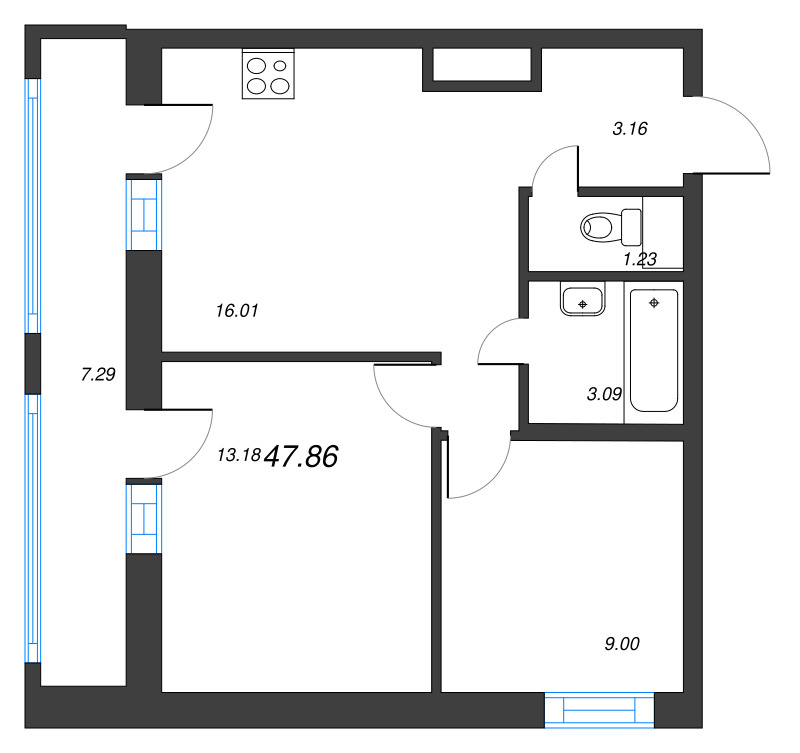 3-комнатная (Евро) квартира, 47.86 м² в ЖК "Старлайт" - планировка, фото №1