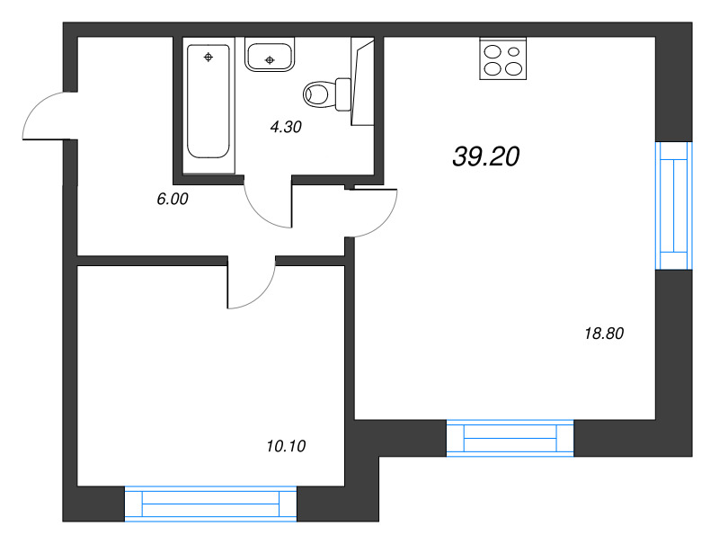 2-комнатная (Евро) квартира, 39.2 м² в ЖК "Большая Охта" - планировка, фото №1