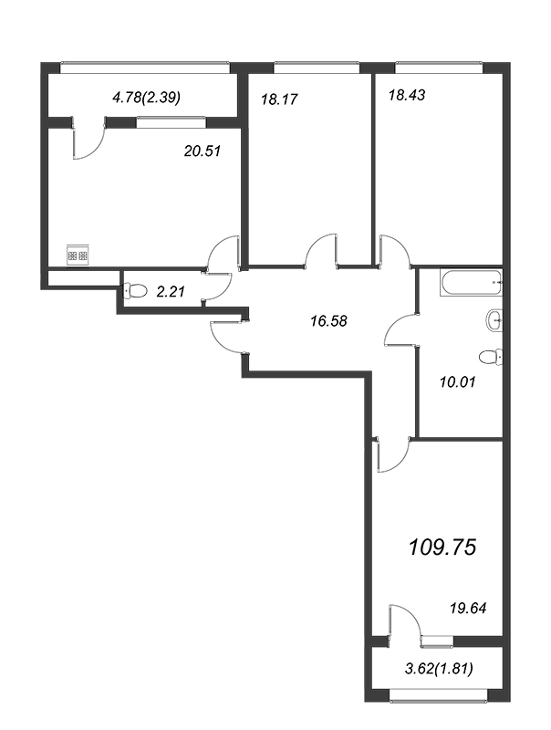 4-комнатная (Евро) квартира, 110.1 м² в ЖК "FAMILIA" - планировка, фото №1